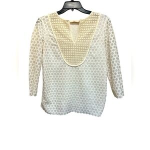 Tory Burch Tali Cream Honeycomb Lace Top 3/4‎ Length Sleeves Women’s Small